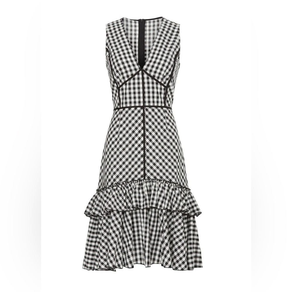 Black and White Gingham V-Neck Ruffle Midi Dress